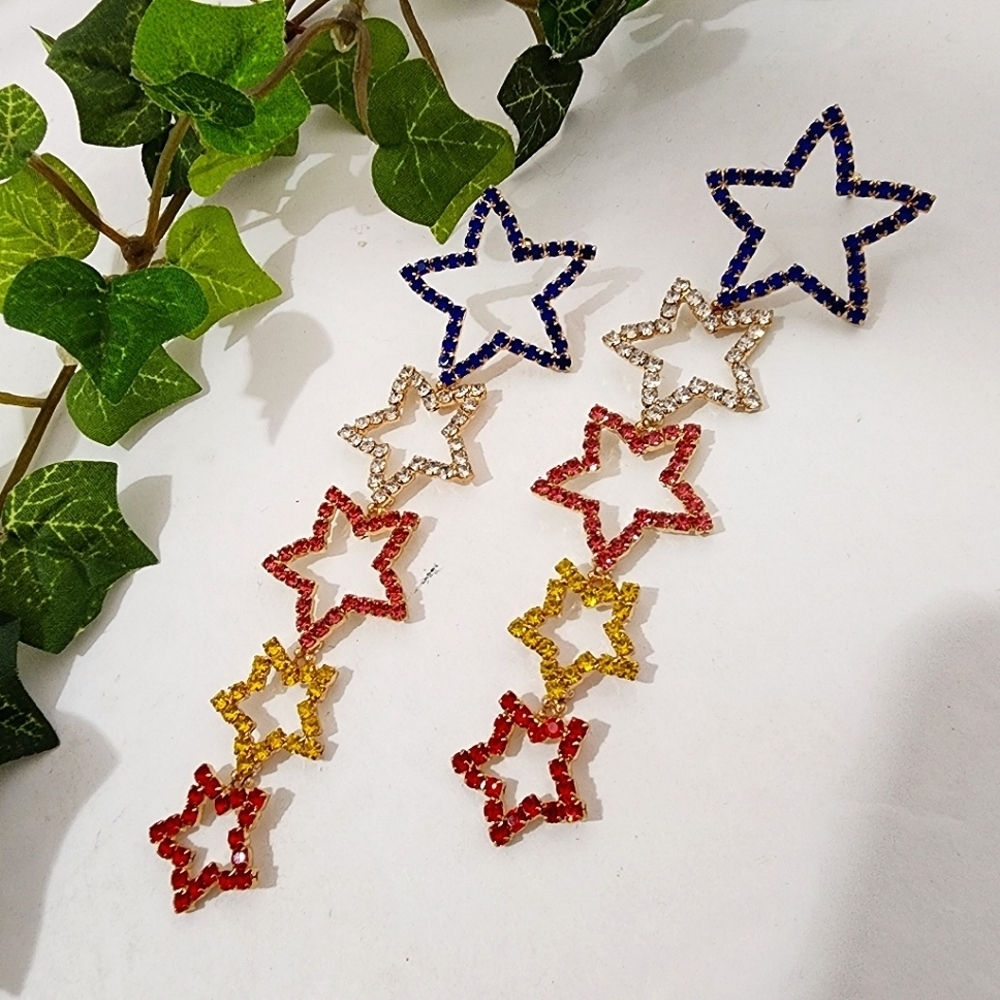 Gold Multi Color Crystal Star Dangle Earrings